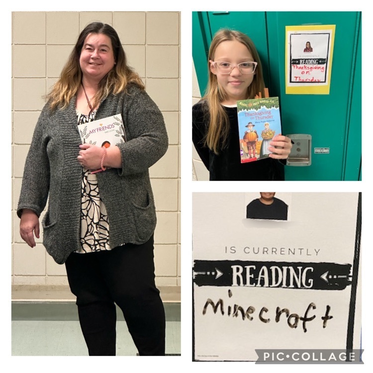 left picture has teacher carrying a favorite book and right side shows how students post what they are reading on the outside of their lockers 